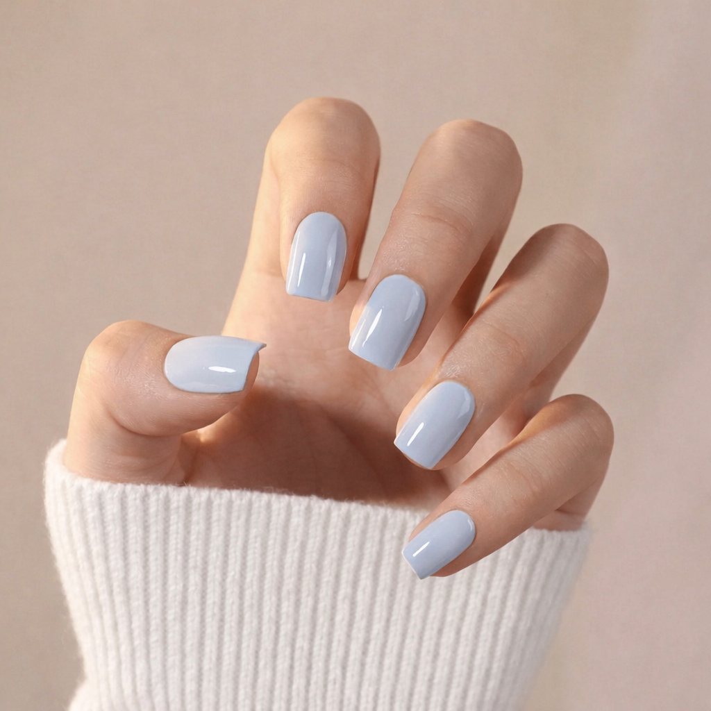 Short Square Light Blue Glossy Nails — Pastel Winter Nails