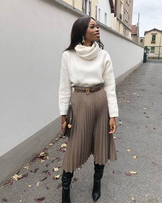 Pleated Midi Skirt with Chunky Turtleneck and Knee-High Boots — Winter Skirt Outfits