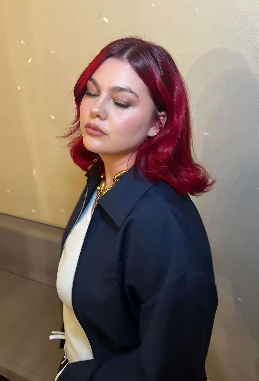 Short Bob in Vivid Cherry Red — Winter Hair Colors for Redheads