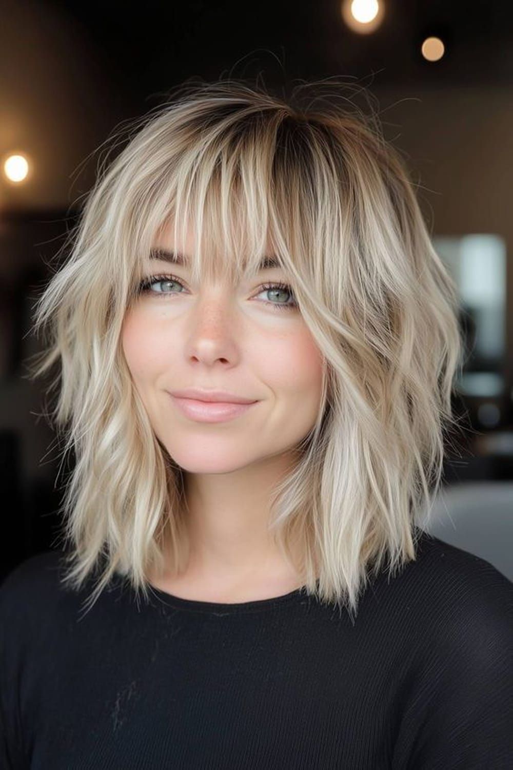 Shoulder Shag With Choppy Bangs — Winter Haircuts for Round Faces