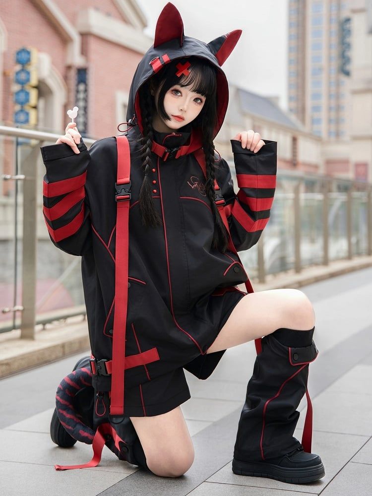 Edgy Black Leg Warmers with Red Accents for Streetwear — Leg Warmers Outfits