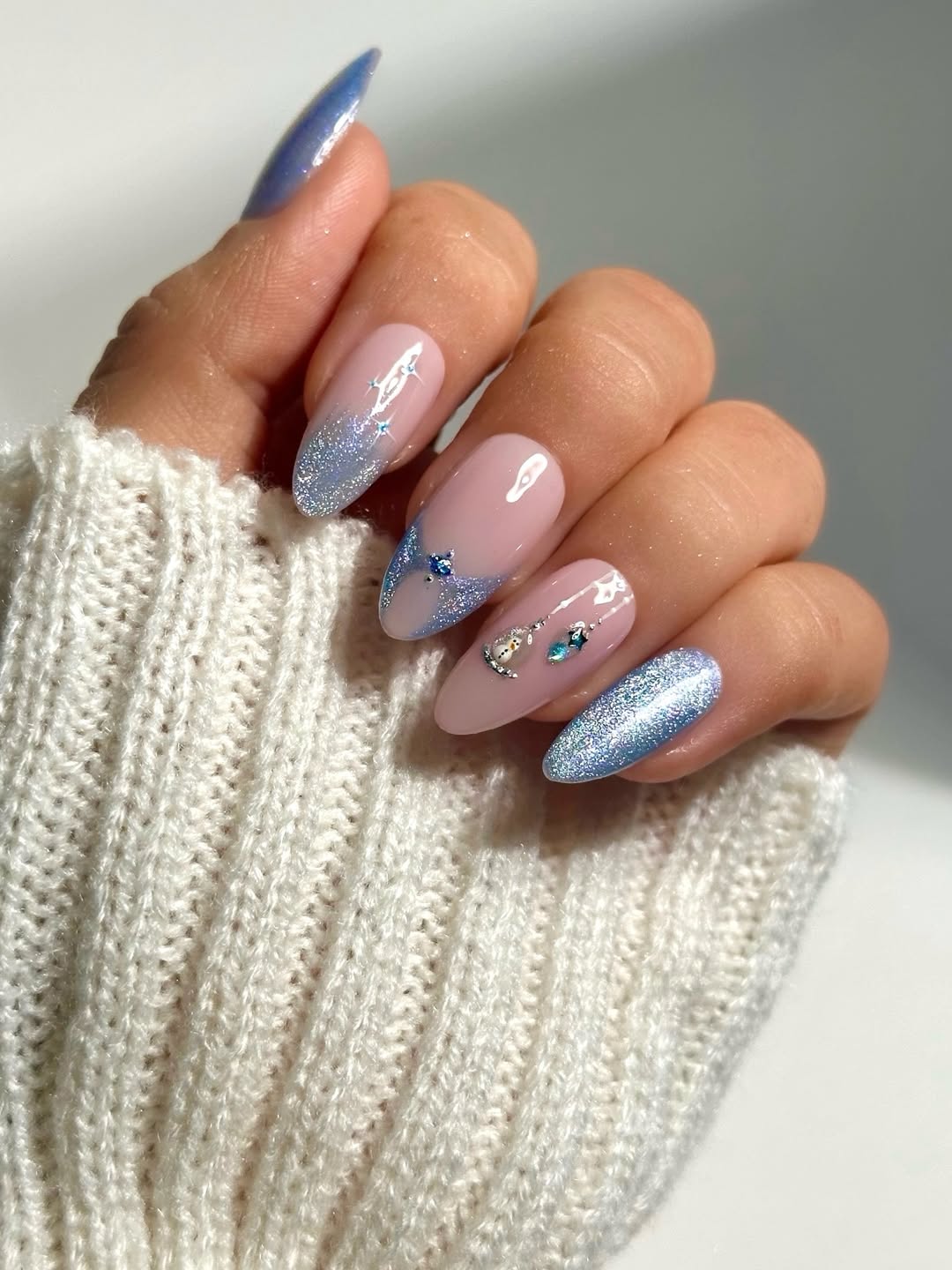 Nude Base Glitter Tip Almond Nails Nude Base Glitter Tip Almond Nails โ Winter Cat Eye Nails