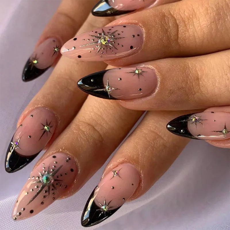 Pink Black French With Rhinestone Starbursts Pink Black French With Rhinestone Starbursts β Winter Rhinestone Nails
