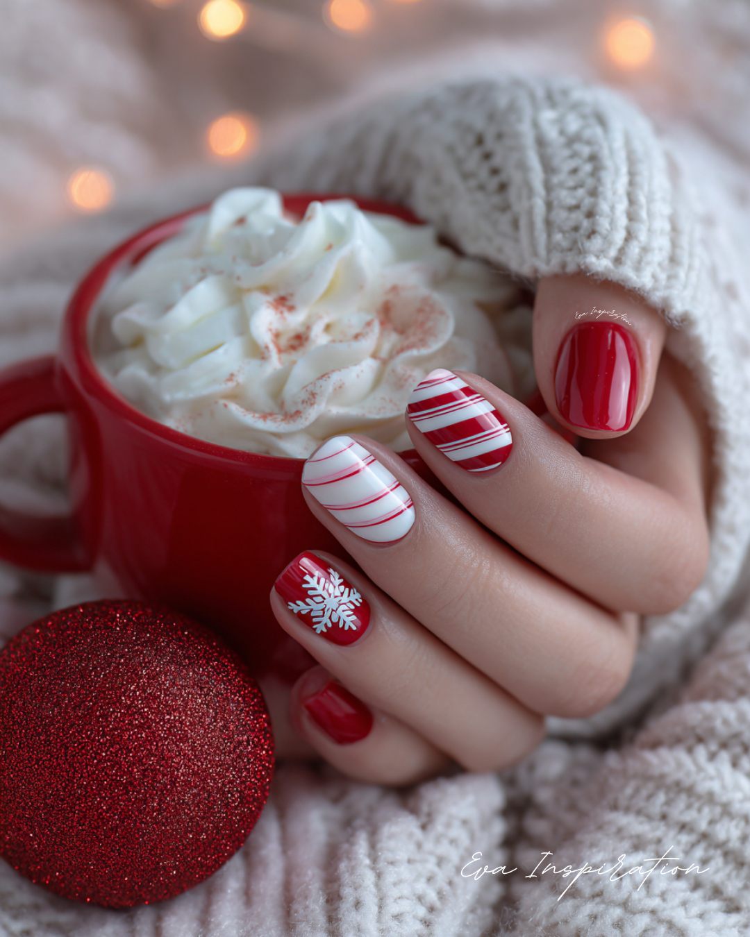 Red White Snowflake Candy Cane Nails — Winter Gel Nails