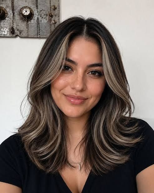 Curtain Bangs Dark Brown Lob With Ash Blonde Balayage — Reverse Balayage