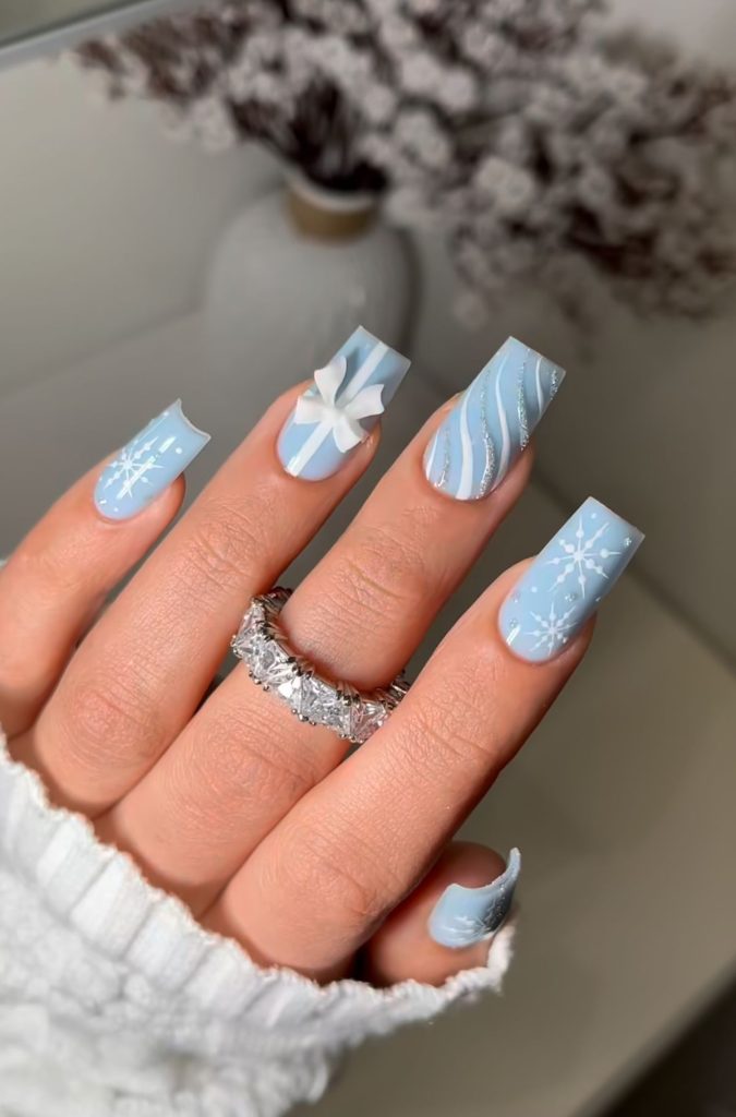 Pale Blue Coffin with 3D Bow Pale Blue Coffin with 3D Bow โ Winter Blue Nails