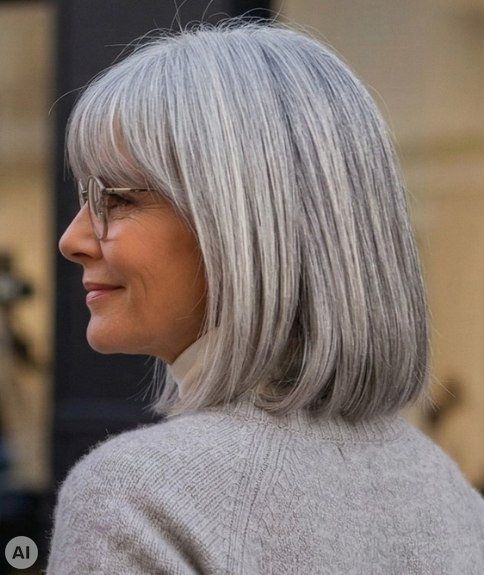 Sleek Bob With Full Bangs and Gray Highlights Sleek Bob With Full Bangs and Gray Highlights β Gray Blending Highlights