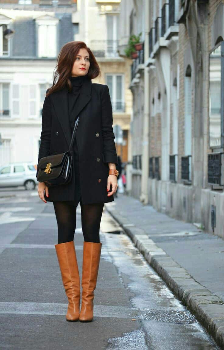 Brown Knee-High Boots with All-Black Outfit and Coat — Brown Boots Outfits