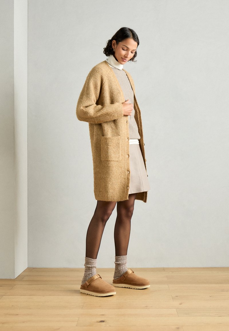 Longline Cardigan Over Grey Sweater with Beige Skirt and Ugg Clogs Longline Cardigan Over Grey Sweater with Beige Skirt and Ugg Clogs β Ugg Slippers Outfits