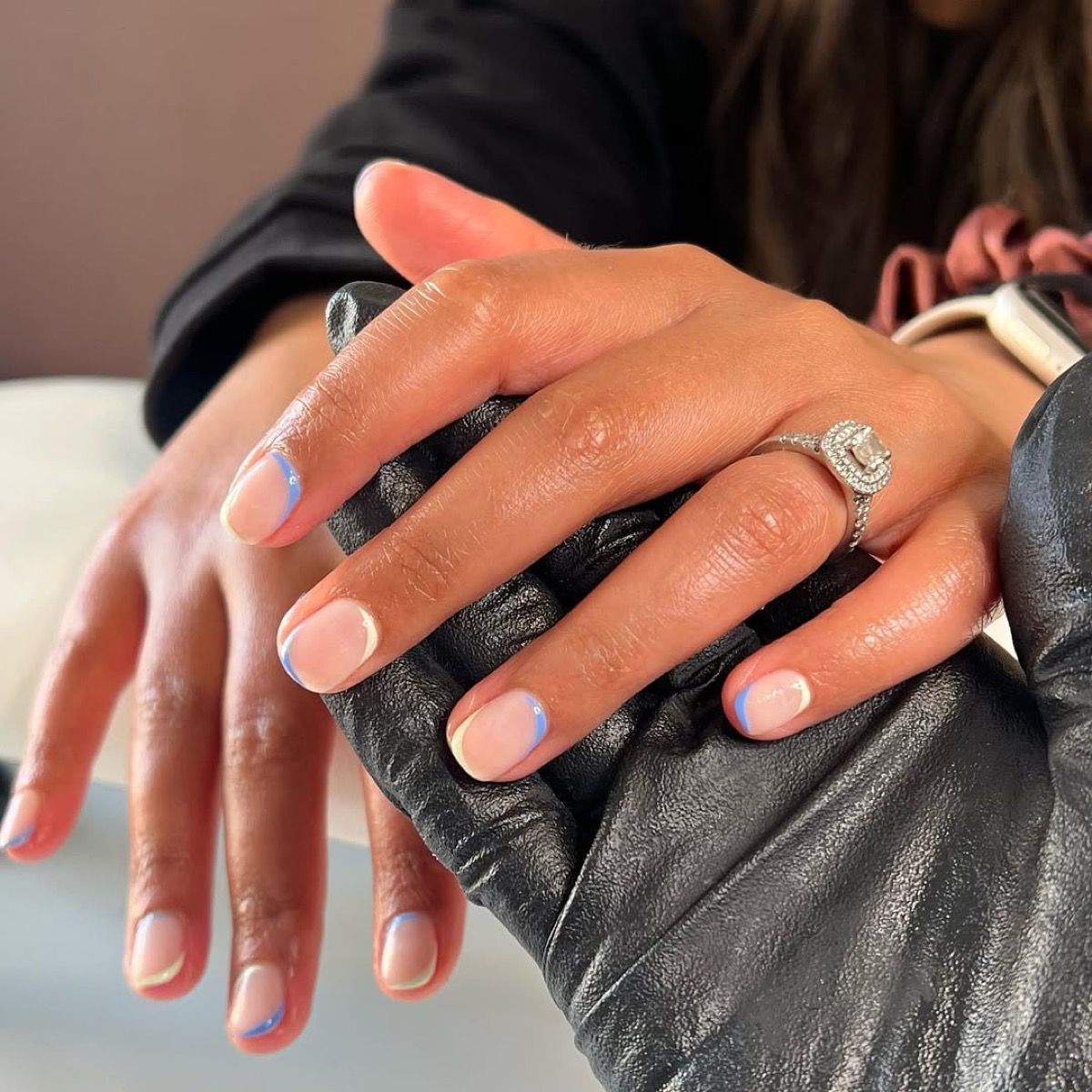 Sheer Pink French Tips with Blue and White Accents Sheer Pink French Tips with Blue and White Accents β Short Winter Oval Nails