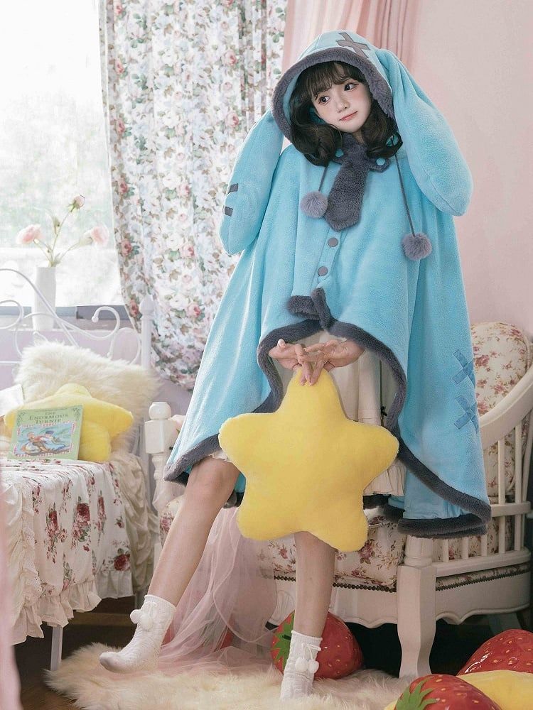 Cozy Loungewear with a Blue Fleece Cape and Bunny Ear Hood — Earmuffs Outfits