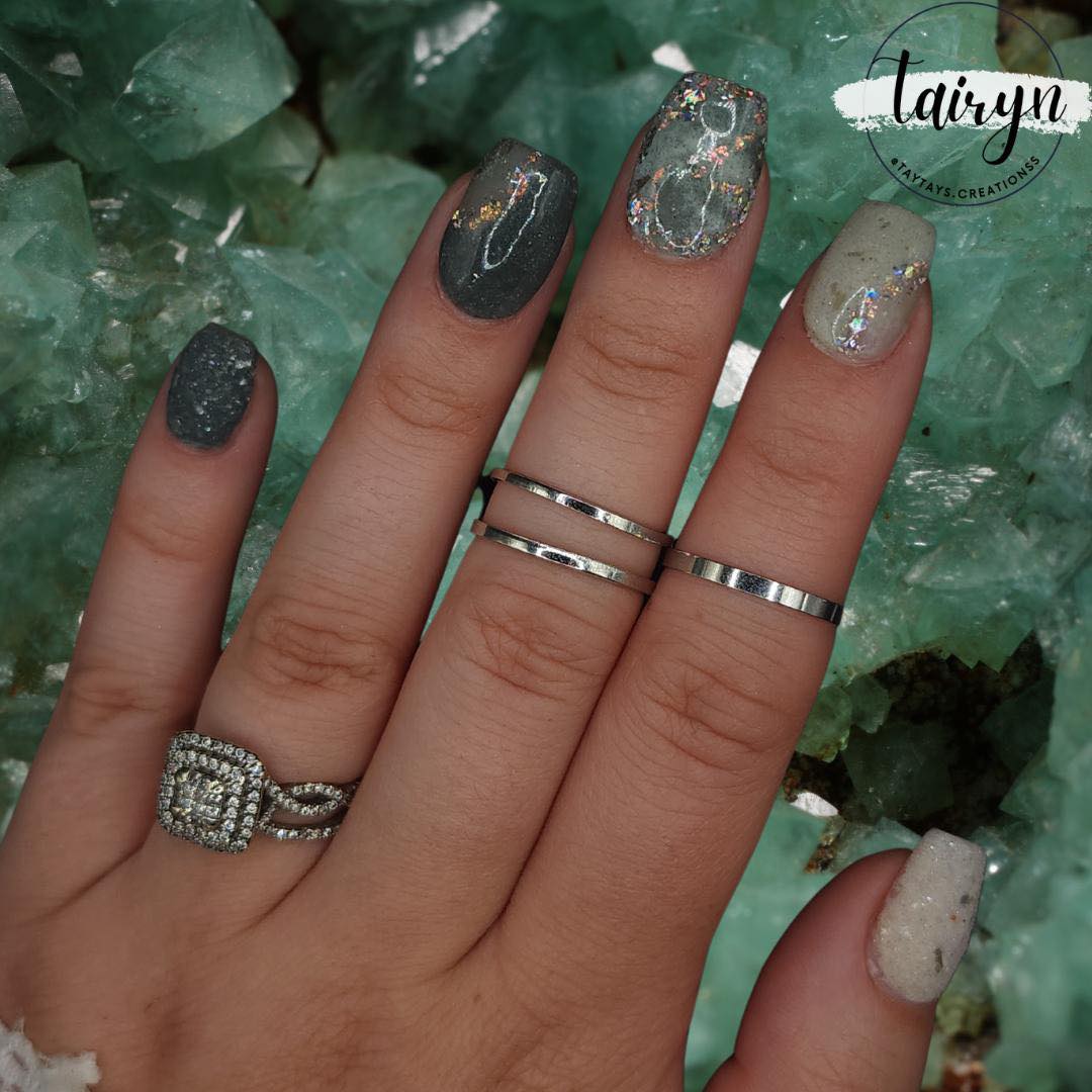 Glossy With Matte Textured Elements Textured Charcoal Grey Glitter Nails — Winter Dip Powder Nails