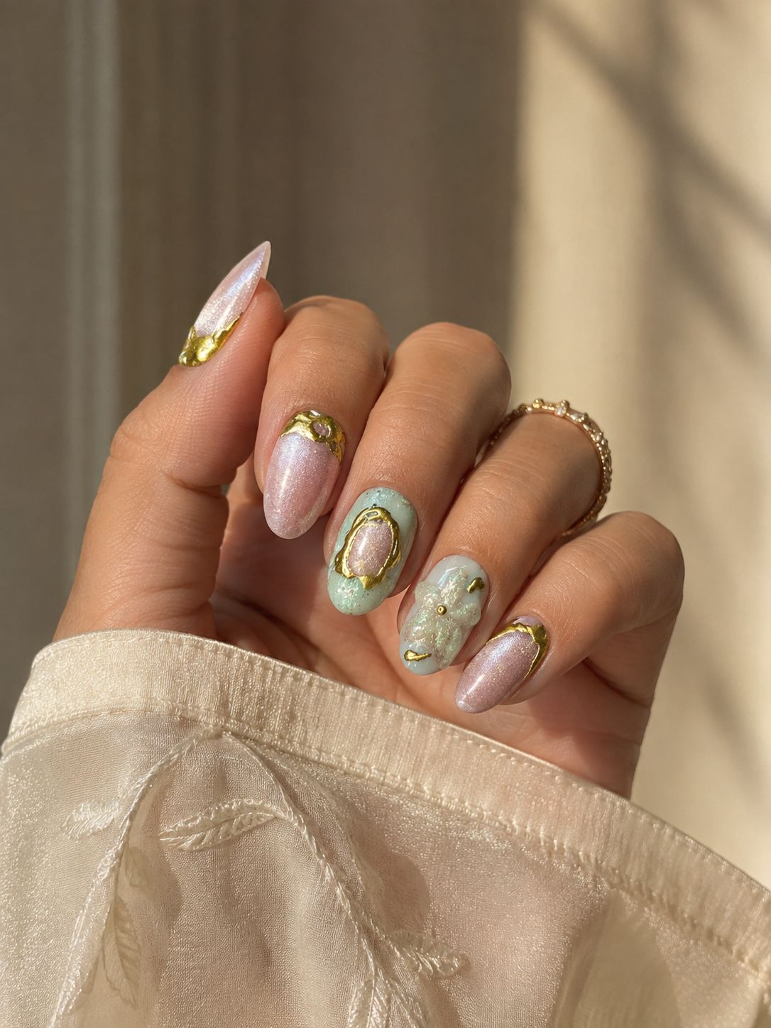 Pale Pink Stiletto with Gold and Pearl Accents — Winter Pearl Nails