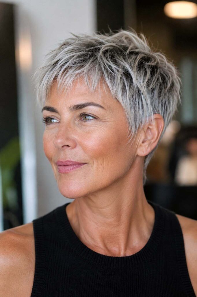 Textured Silver Grey Pixie Cut — Winter Hairstyles for Women Over 50