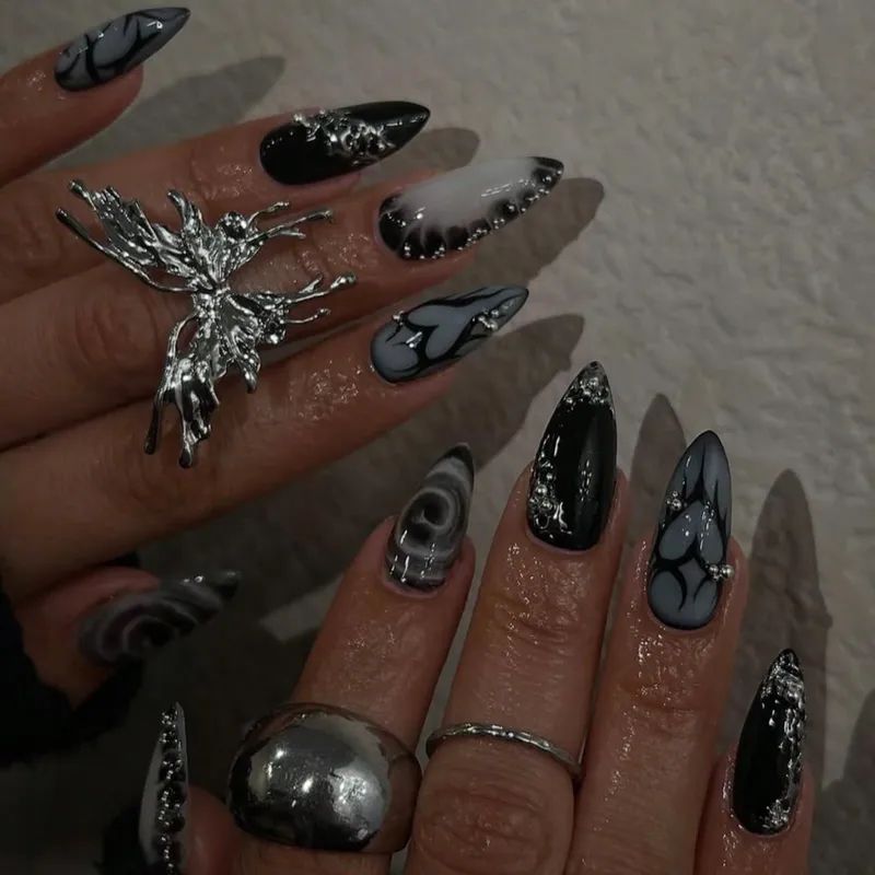 Glossy With Glitter Accents Visual Idea — Winter Gray Nails