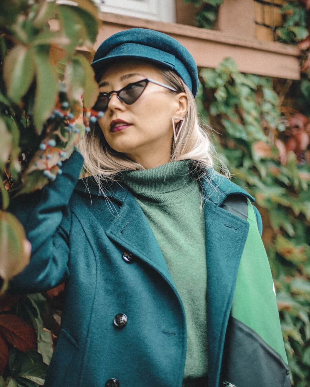 Teal Double-Breasted Wool Coat with Green Turtleneck — Wool Coat Outfits