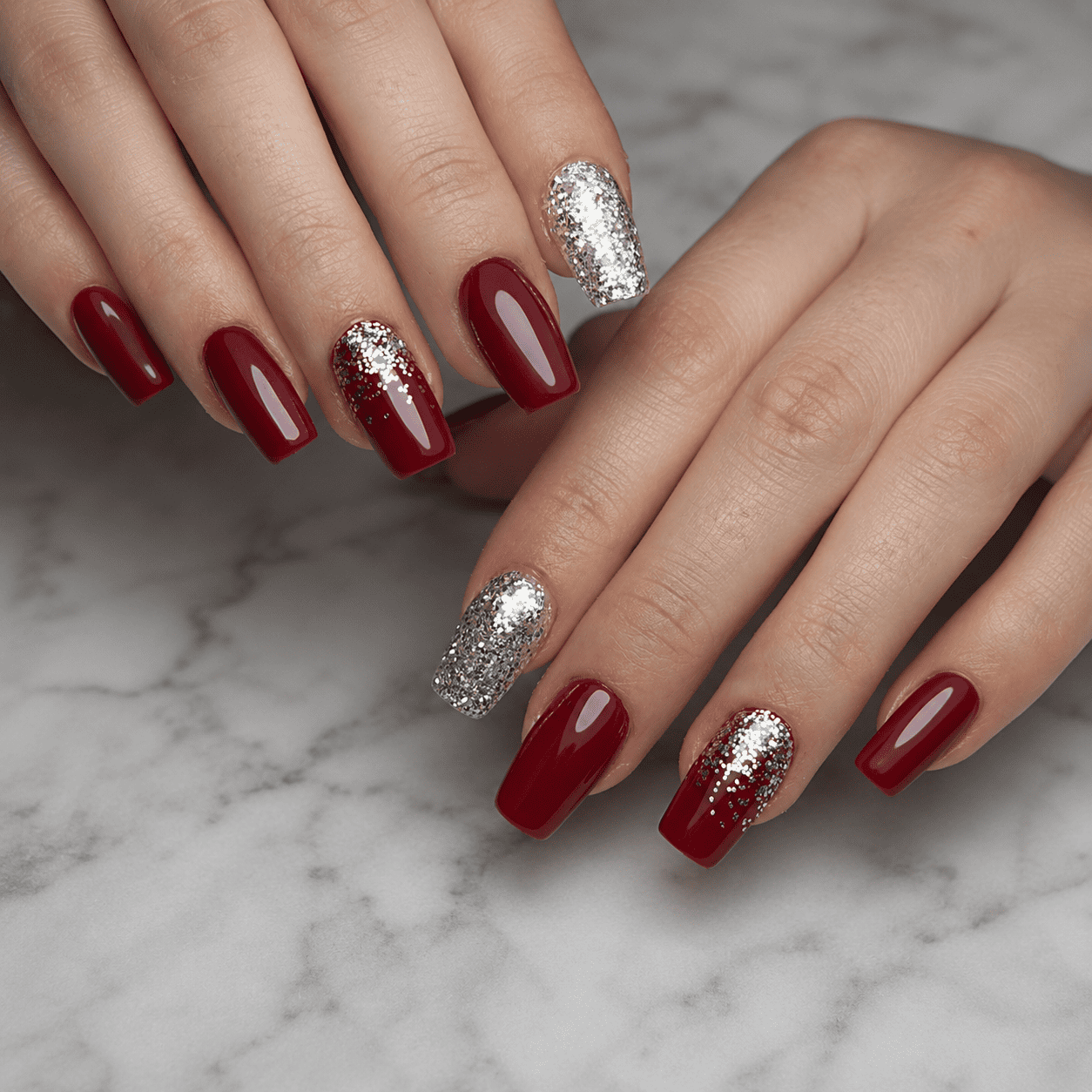 Deep Red and Silver Glitter Coffin Nails — New Years Eve Nails 2027