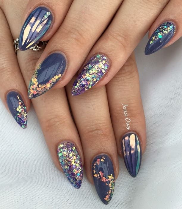 Deep Blue Purple Glitter Foil Stiletto Nails Deep Blue Purple Glitter Foil Stiletto Nails β Sparkly Winter Nails