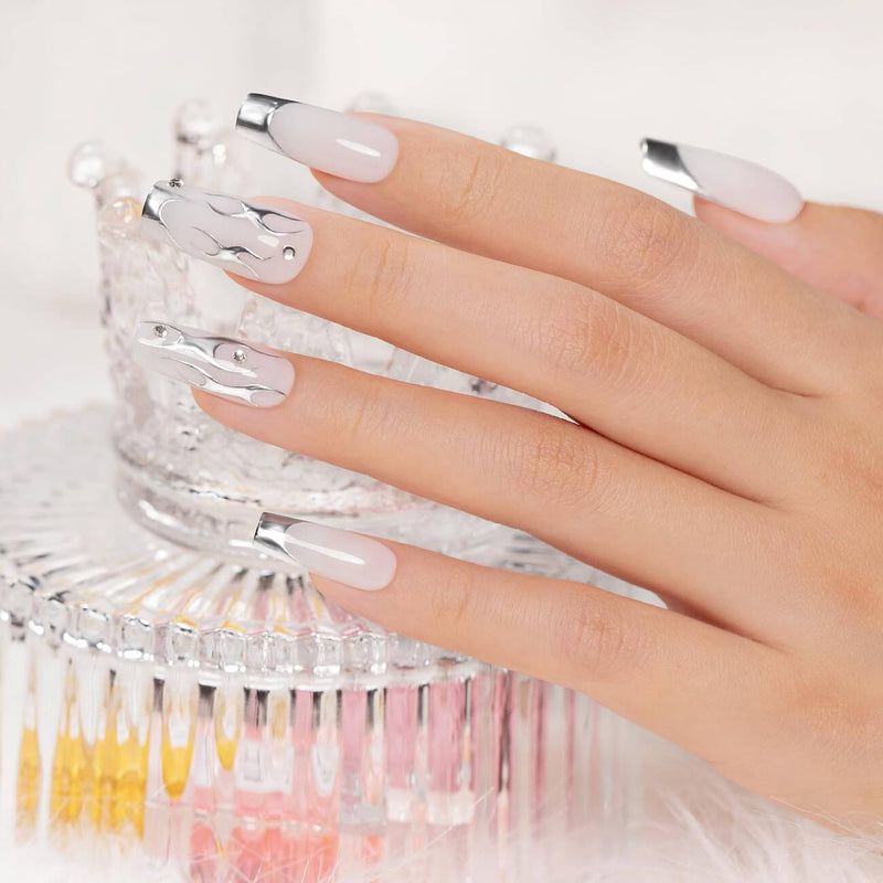 Nude Base with Chrome French Tip — The Nails Reflect Light Intensely — Silver Chrome Nails