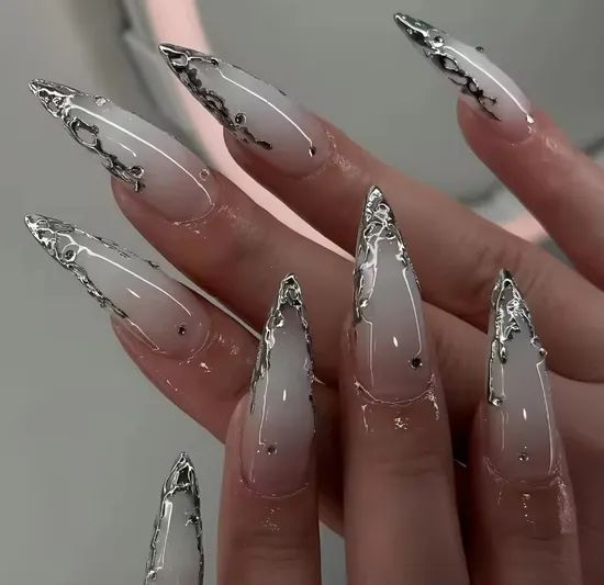 Nude Stilettos With Silver French Tips and Pearls Nude Stilettos With Silver French Tips and Pearls β Winter Stiletto Nails
