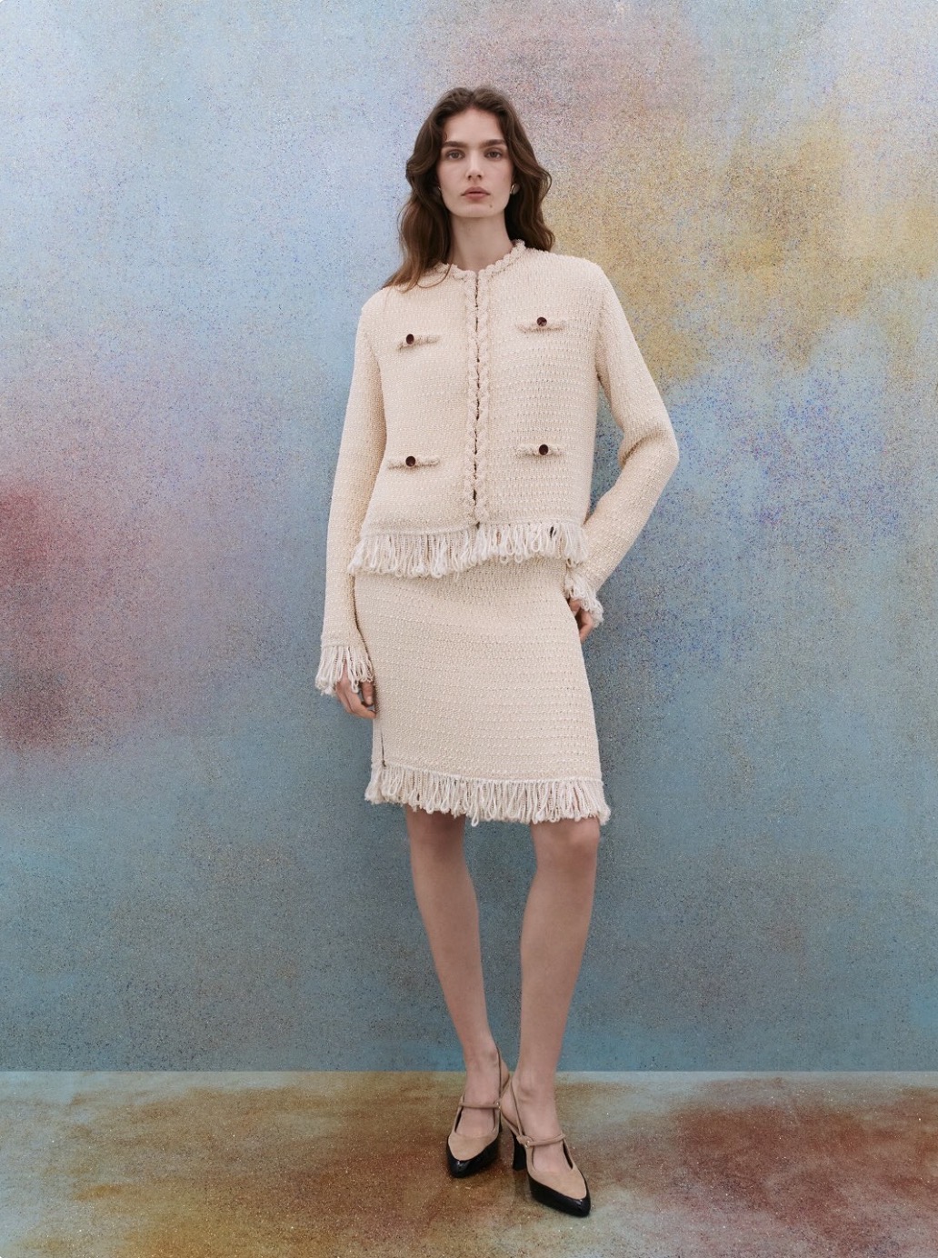 Cream Tweed Jacket and Skirt Set with Fringe Detail Cream Tweed Jacket and Skirt Set with Fringe Detail β Winter to Spring Transition Outfits