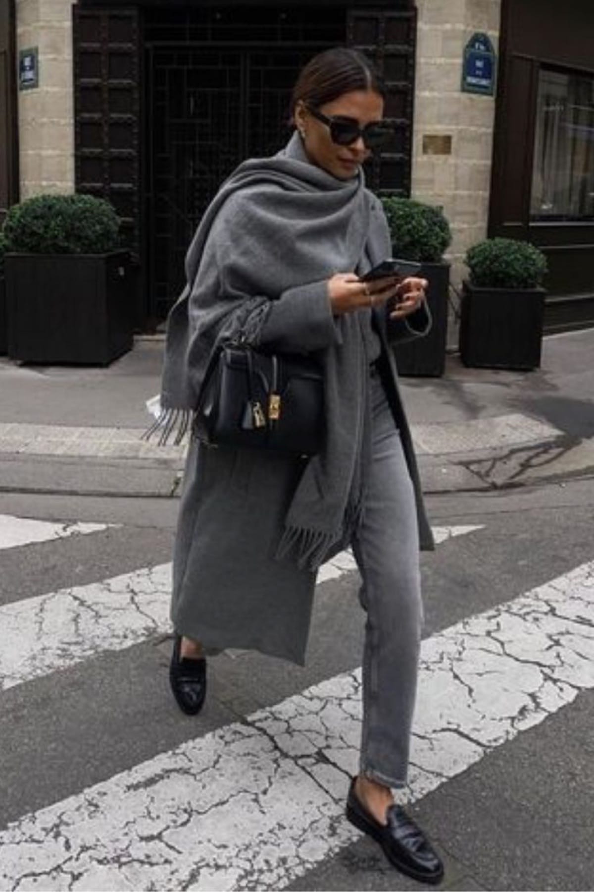 Monochromatic Grey Ensemble with Long Wool Coat — Winter Capsule Wardrobe