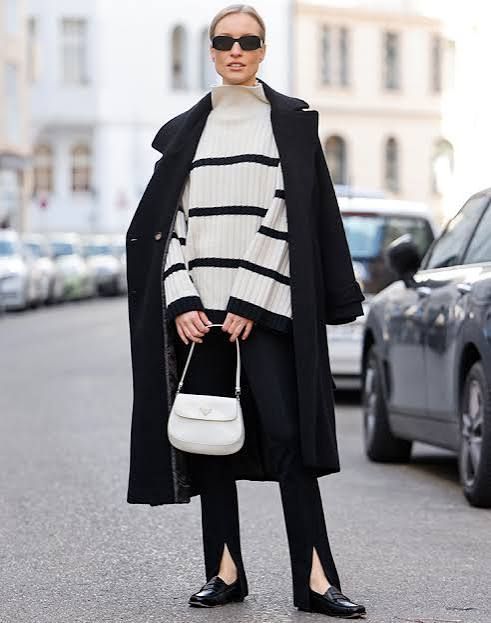Striped Turtleneck Elevates Black and White Winter Ensemble — February Outfits