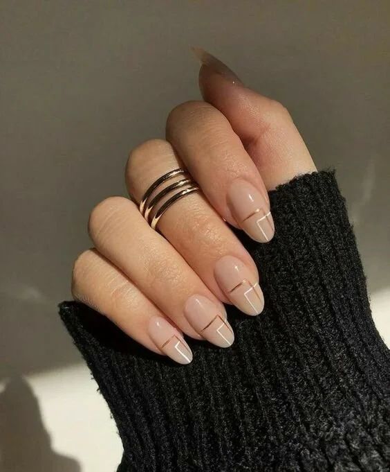 Nude with Geometric Gold and White Lines — Winter Nude Nails