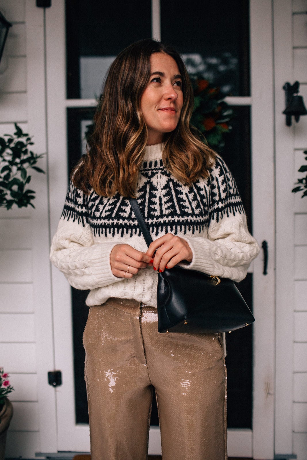 Cable Knit Sweater Meets Glamorous Sequined Trousers — Late Winter Outfits