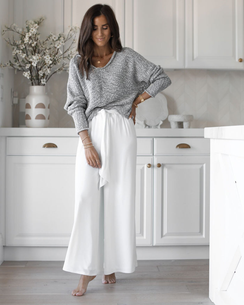 Oversized Knit Sweater Paired with Wide-Leg Satin Pants Oversized Knit Sweater Paired with Wide-Leg Satin Pants โ Loungewear Outfits