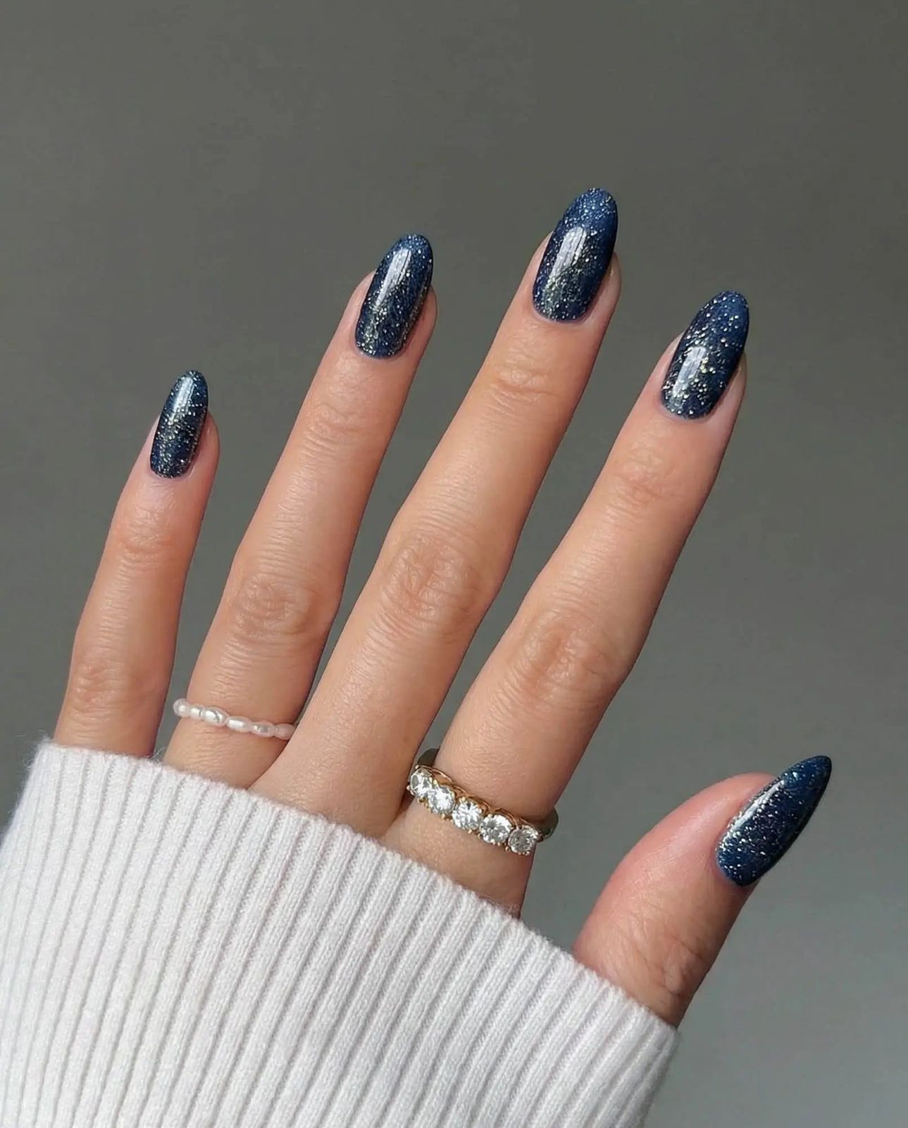 Navy Blue with Gold Glitter Almond Nails Navy Blue with Gold Glitter Almond Nails β Navy Blue Nails