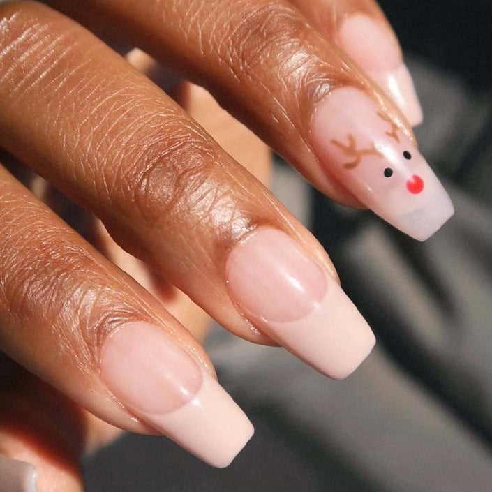 Sheer Pink Reindeer Face French Nails Sheer Pink Reindeer Face French Nails β Winter Acrylic Nails