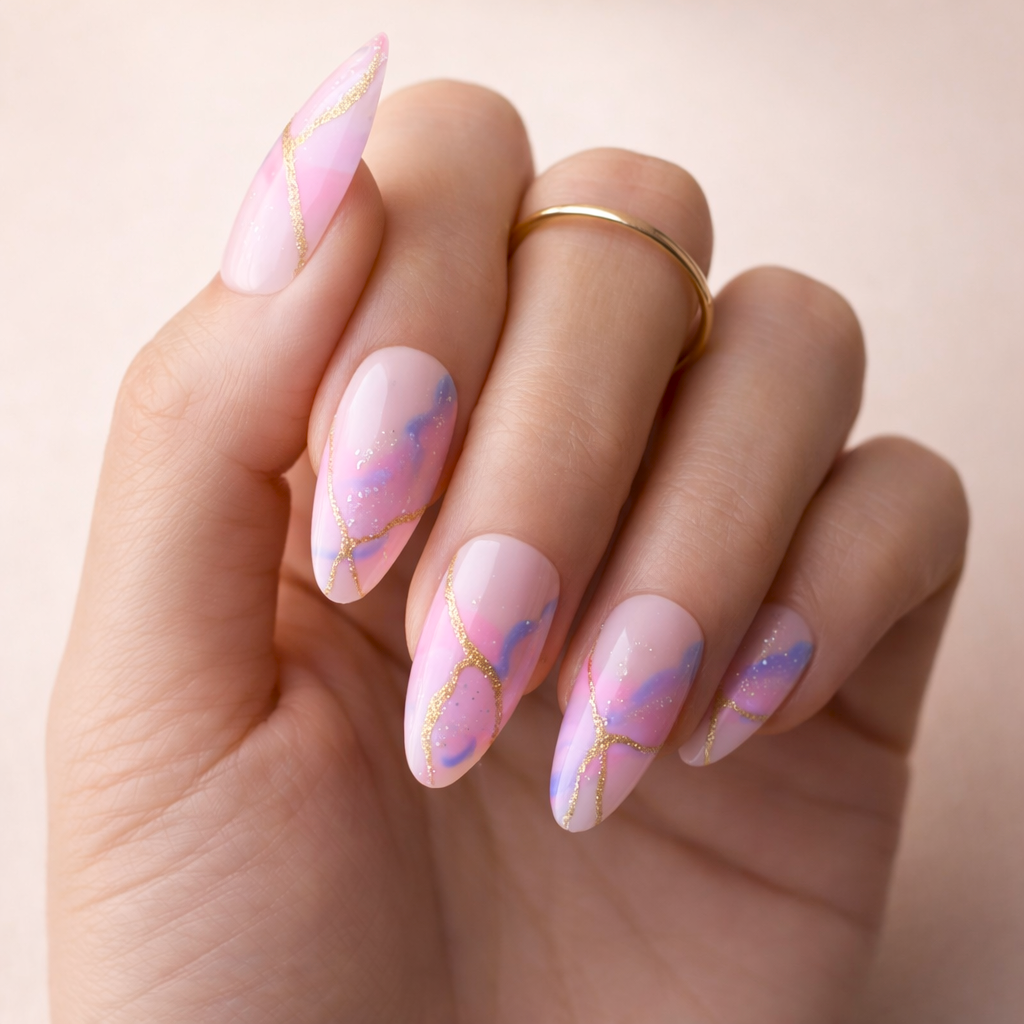 Pastel Abstract Gold Foil Stiletto Nails — Pastel Winter Nails