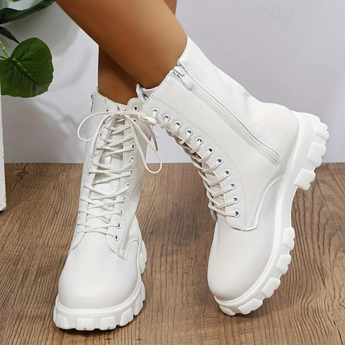 Military-Inspired Platforms: White Combat Boots with Dual Closure and Thick Sole Military-Inspired Platforms: White Combat Boots with Dual Closure and Thick Sole β Combat Boots Outfits