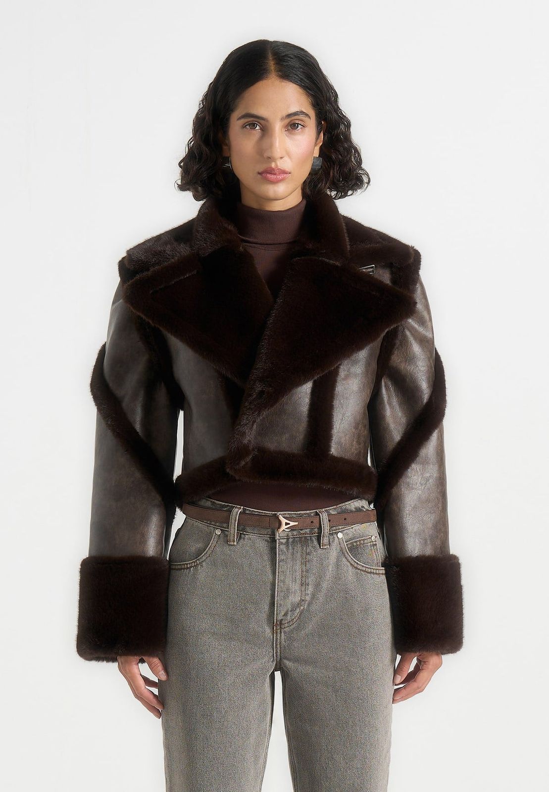 Brown Faux Fur Trimmed Jacket with Fitted Silhouette — Winter Jackets for Women