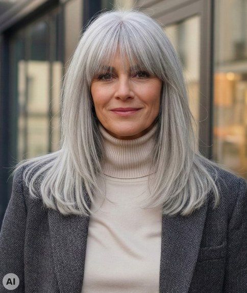 Long Wavy Ash Blonde With Curtain Bangs Long Wavy Ash Blonde With Curtain Bangs β Winter Haircuts for Gray Hair