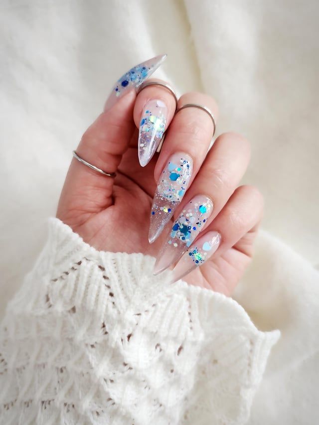 Chunky Blue Silver Glitter Stiletto Nails Chunky Blue Silver Glitter Stiletto Nails β New Years Nail Designs 2027