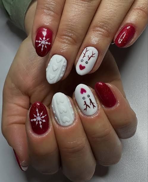 Red and White Nails with Sweater Texture Red and White Nails with Sweater Texture β Red Christmas Nails 2026
