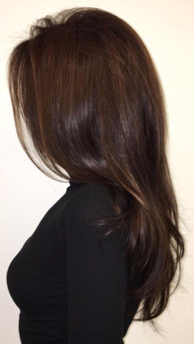 Loose Waves Blowout Glossy Dark Chocolate With Side Swept Bangs — Dark Chocolate Brown Hair