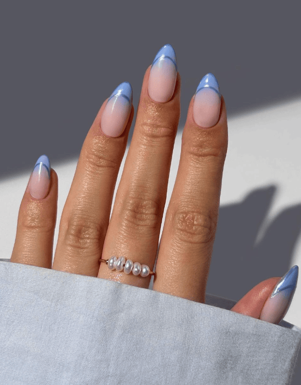 Modern Blue Line French Ombre Almond Modern Blue Line French Ombre Almond β Winter Ombre Nails