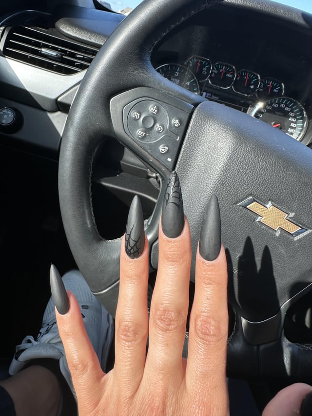 Matte Black Spiderweb Stiletto Nails — Winter Dip Powder Nails