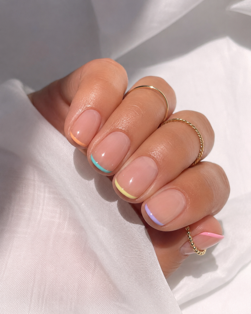 Sheer Nude French Tips with Pastel Lines — Holiday Nail Colors 2026