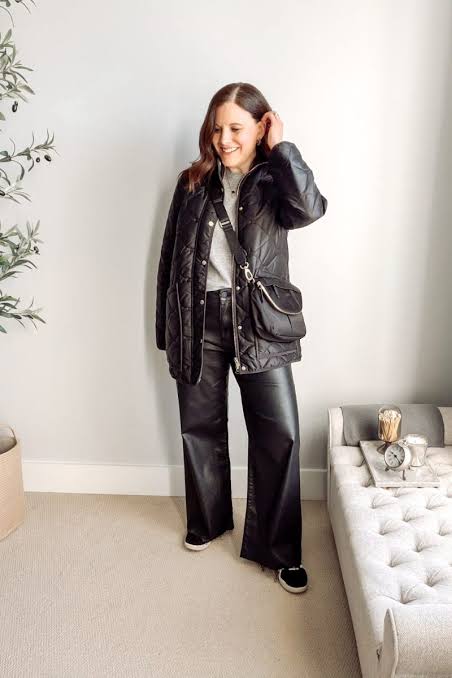 Puffer Jacket and Leather Pants for a Stylish Dinner — Winter Dinner Outfits