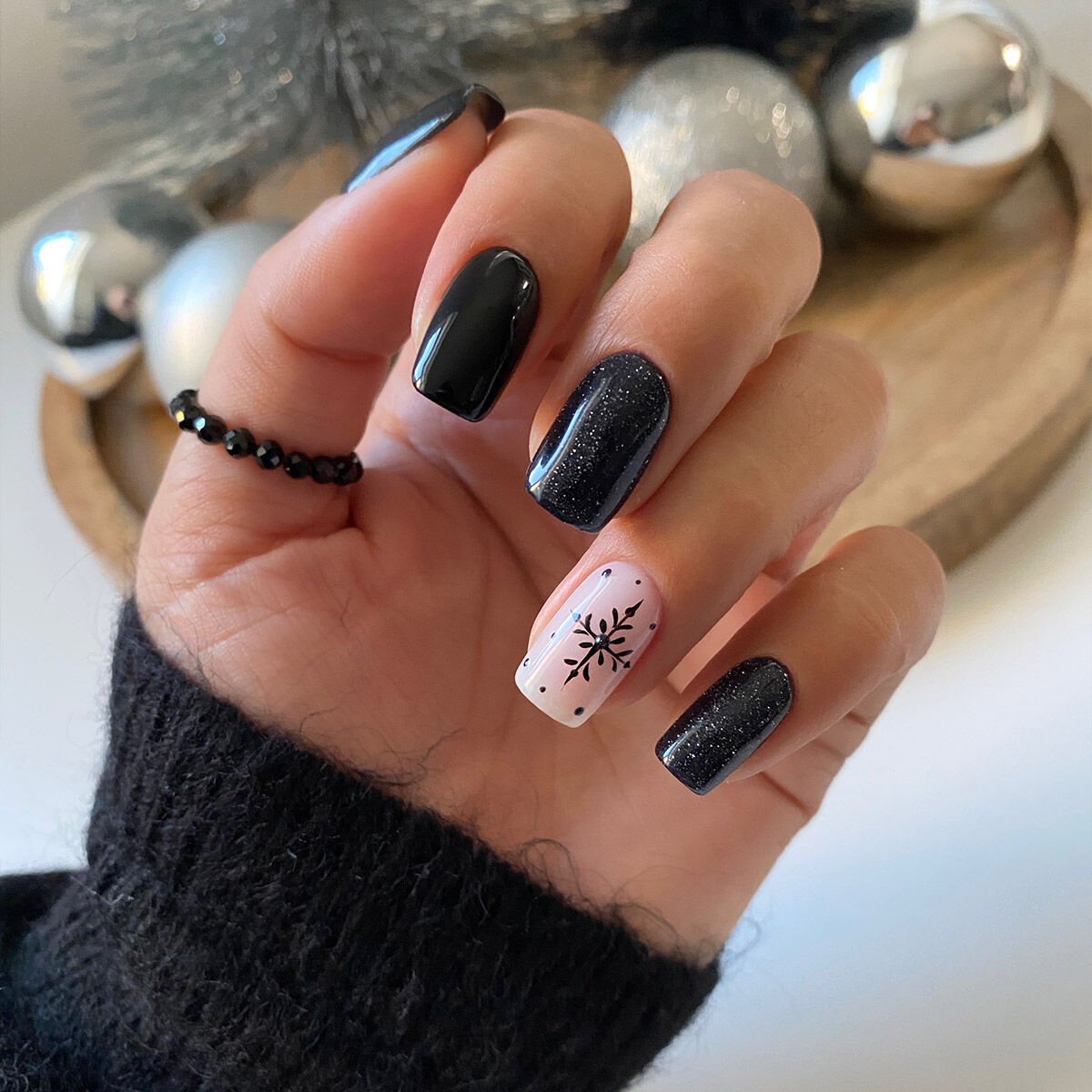 Mixed Black Designs With Snowflake — Winter Black Nails