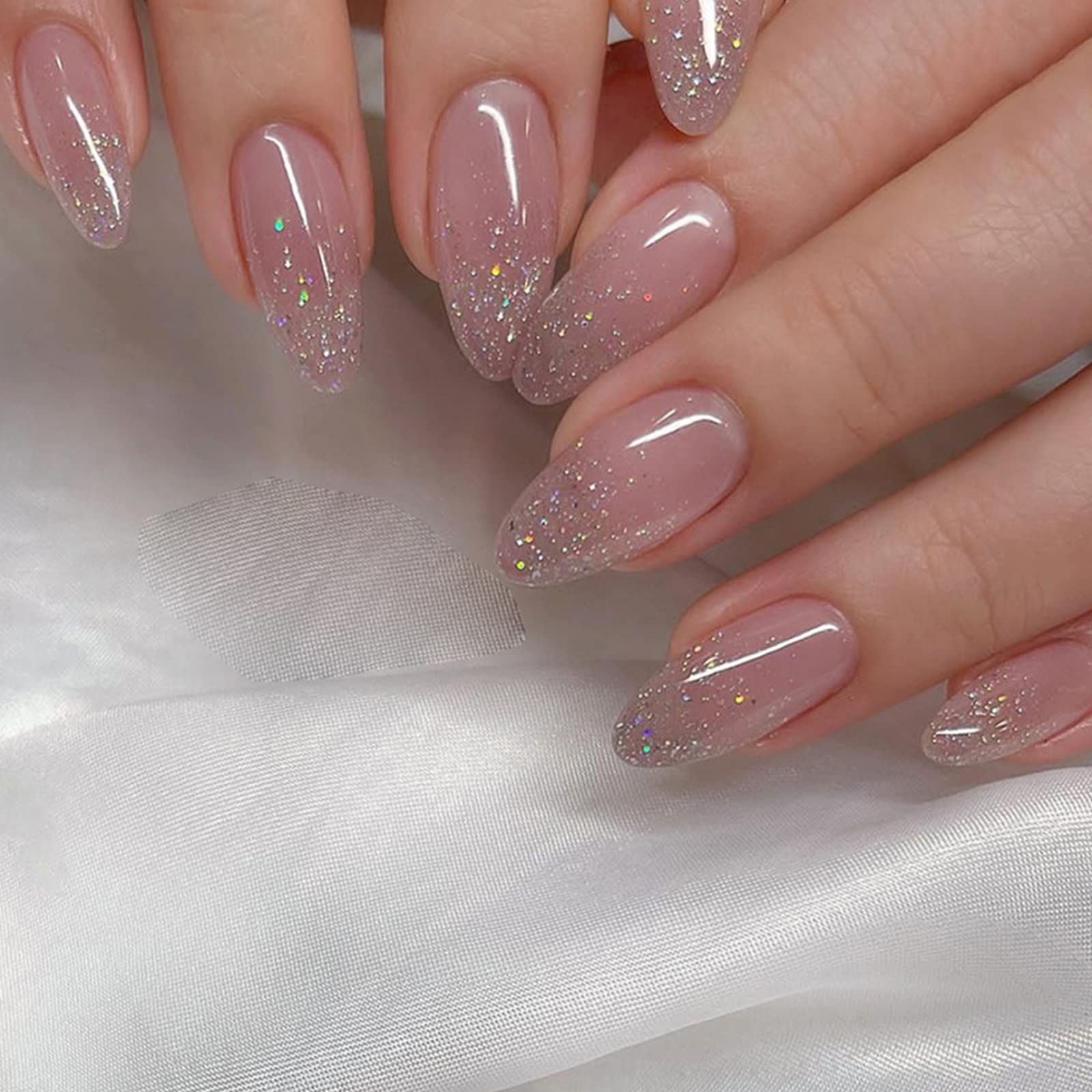 24 Pièces Faux Ongles Amande Moyen Français Ongles à Coller Glossy Brillant Rose Gradient Acrylique Capsules Ongles Ballerine Acrylique Press on Nails ...