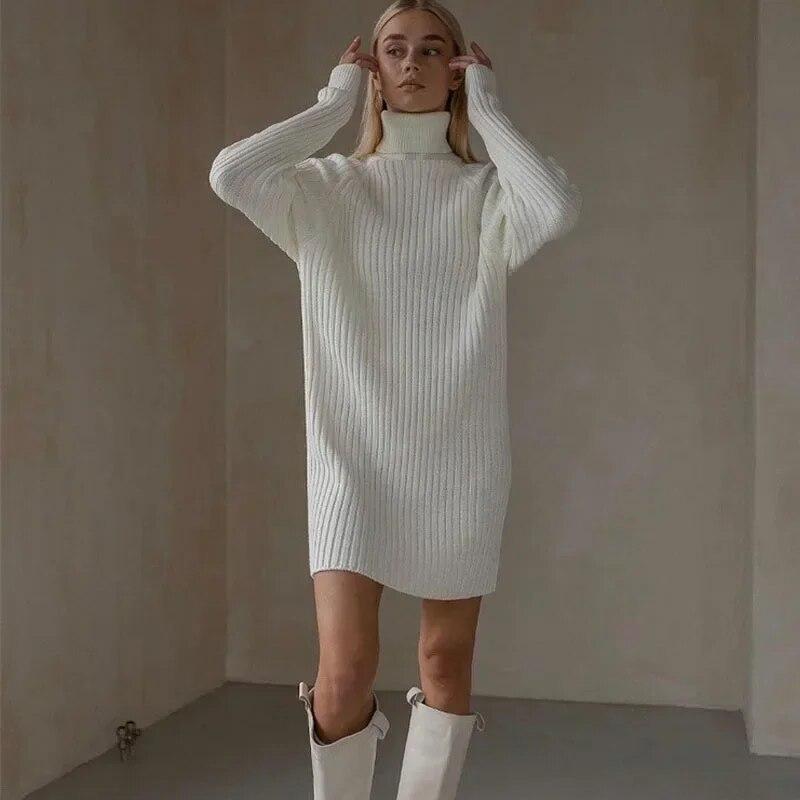 Minimalist White Ribbed Turtleneck Mini Dress — Turtleneck Outfits