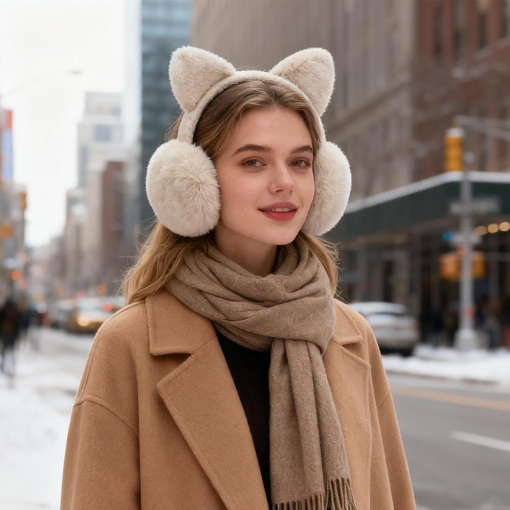 Casual Winter Warmth with Cat Ear Earmuffs and a Camel Coat — Earmuffs Outfits