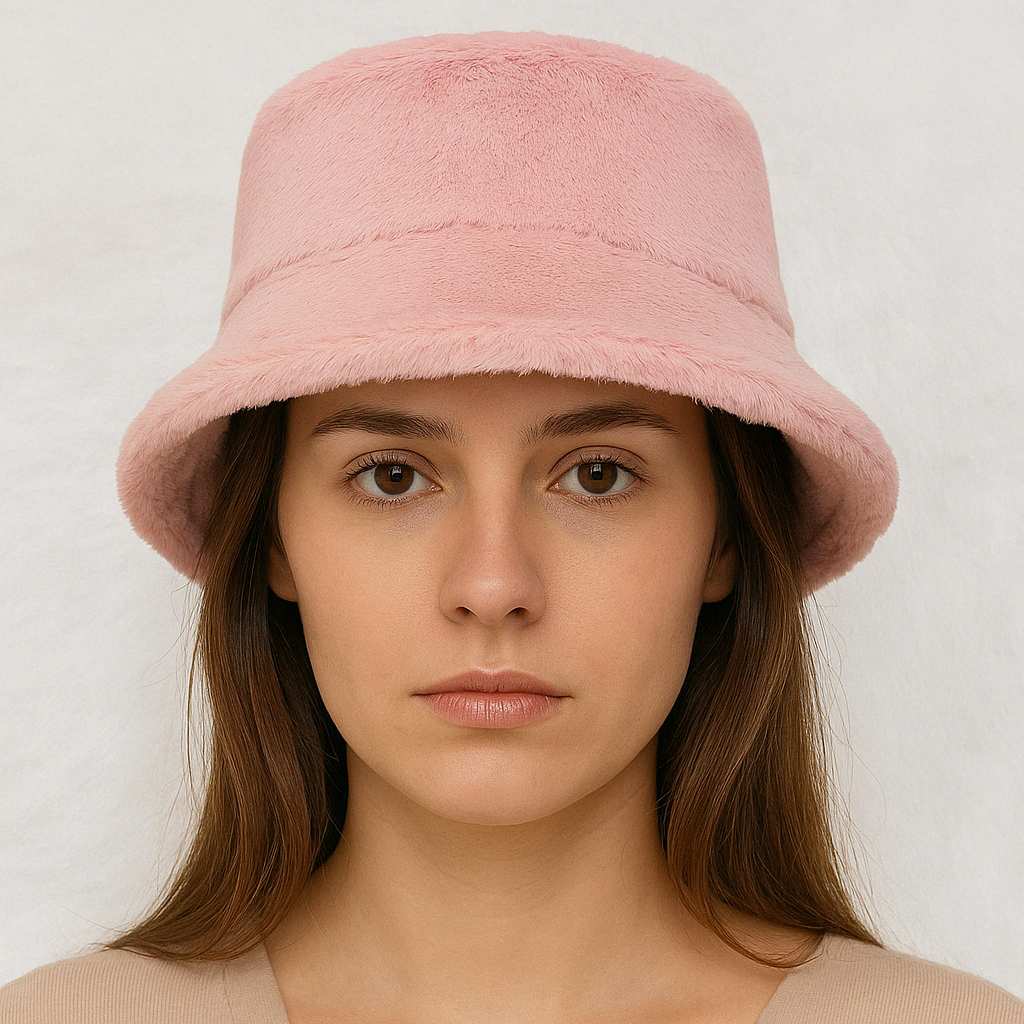 Bright Pink Fur Bucket Hat with Beige Sweater Bright Pink Fur Bucket Hat with Beige Sweater β Fur Hat Outfits