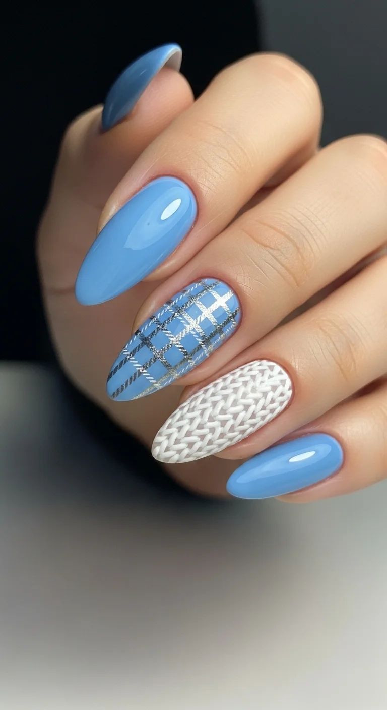 Sky Blue Glossy with White Matte Knit Nails Sky Blue Glossy with White Matte Knit Nails β Sweater Nails