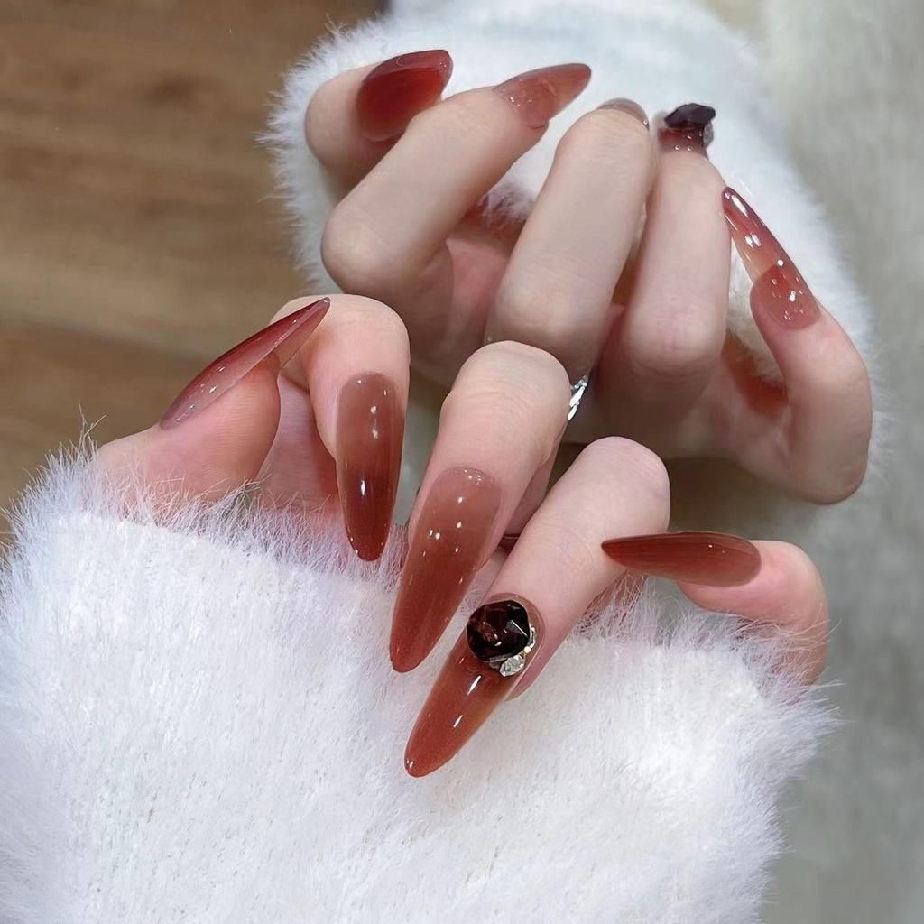 Nude Brown Gradient Rhinestone Stiletto Nude Brown Gradient Rhinestone Stiletto β Long Winter Nails